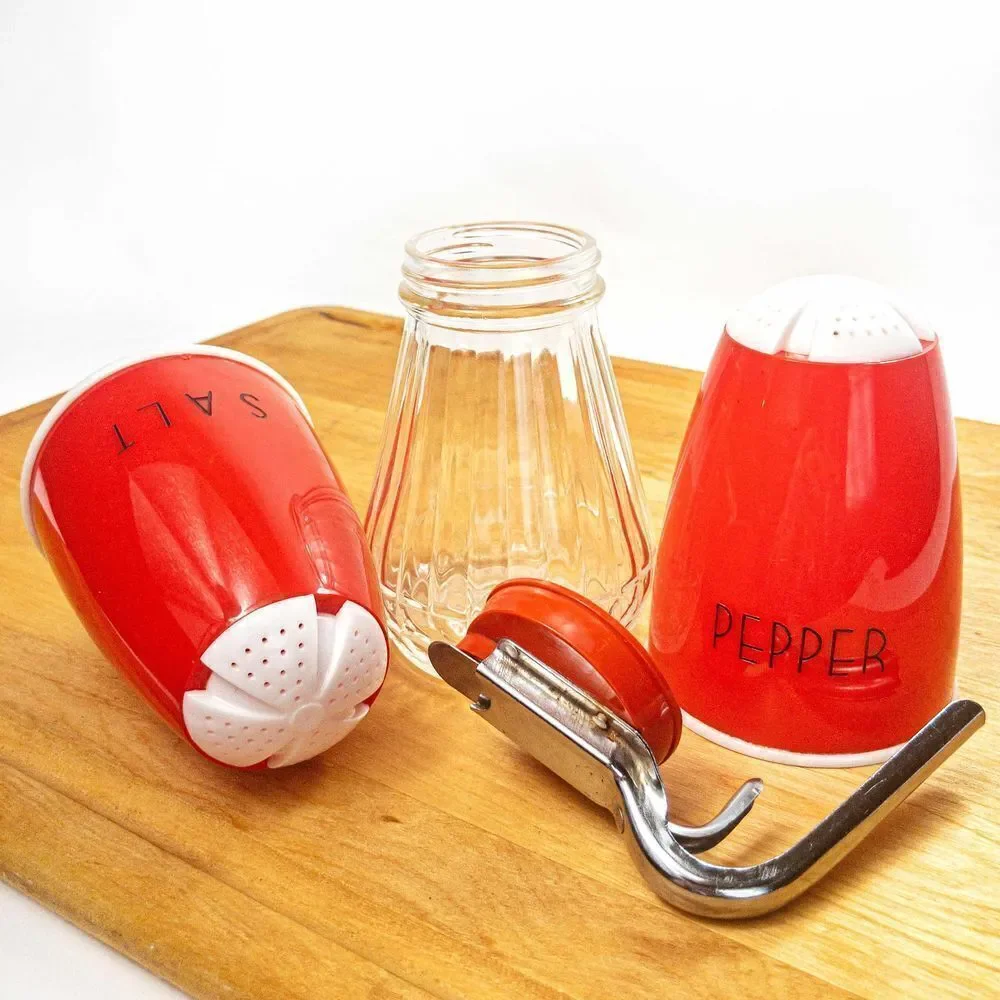 MCM Atomic Red Diner Set: Salt & Pepper Shakers and Syrup Pitcher